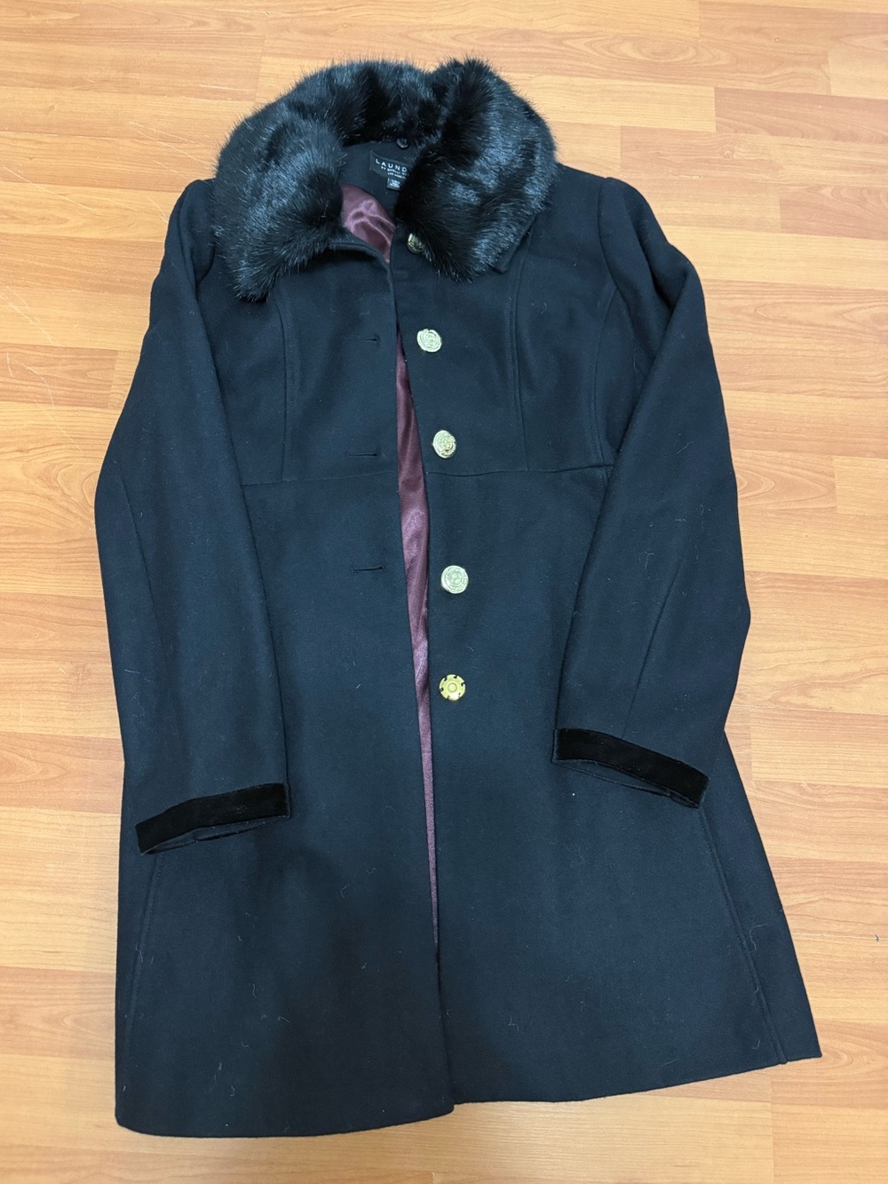 Women's Black Wool Coat with Faux Fur Collar